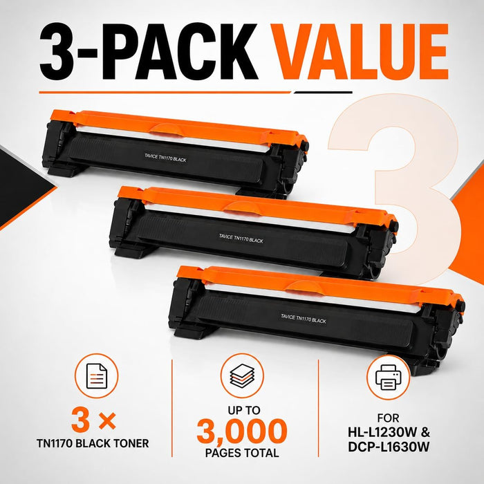 TAVICE 3 Pack TN1170 Toner Cartridges Compatible with Brother HL-L1230W and DCP-L1630W Printers, Black - Battery Mate