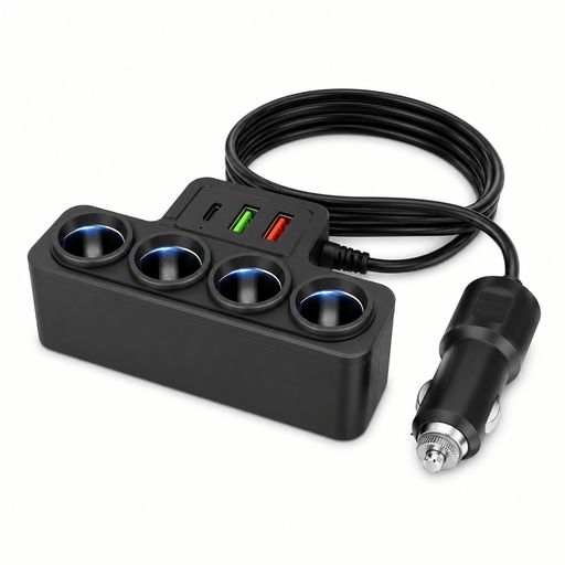 TAVICE 4-Way Car Cigarette Lighter Socket Splitter 12V/24V Power Adapter with USB Charging Ports - Battery Mate