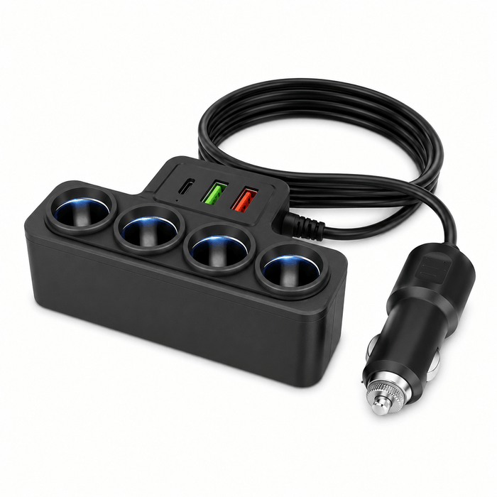 TAVICE 4-Way Car Cigarette Lighter Socket Splitter 12V/24V Power Adapter with USB Charging Ports - Battery Mate