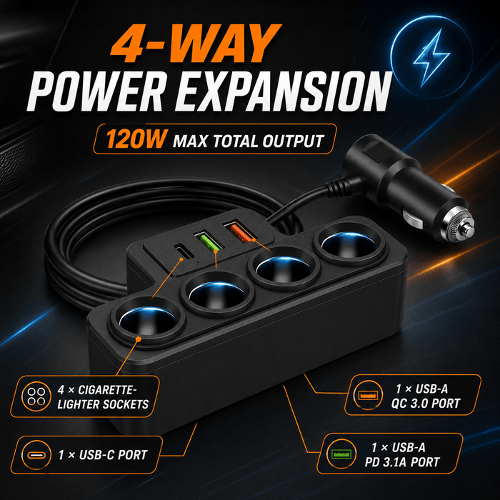 TAVICE 4-Way Car Cigarette Lighter Socket Splitter 12V/24V Power Adapter with USB Charging Ports - Battery Mate