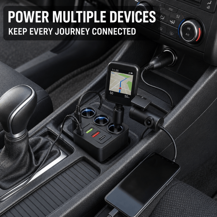 TAVICE 4-Way Car Cigarette Lighter Socket Splitter 12V/24V Power Adapter with USB Charging Ports - Battery Mate