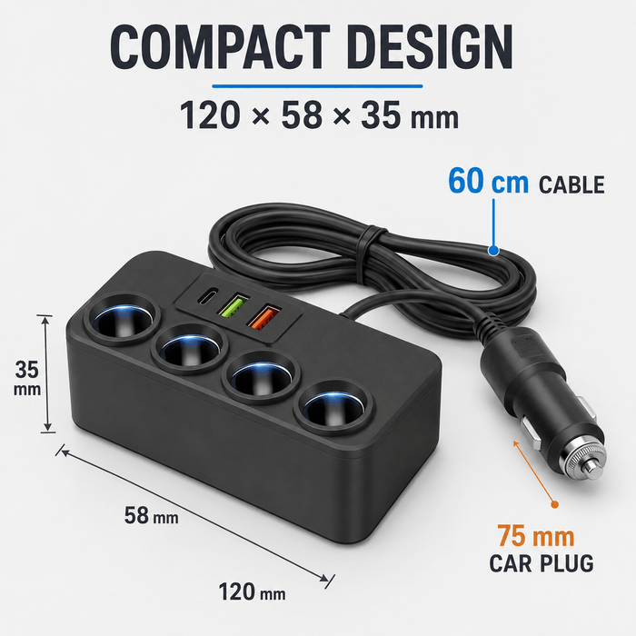 TAVICE 4-Way Car Cigarette Lighter Socket Splitter 12V/24V Power Adapter with USB Charging Ports - Battery Mate