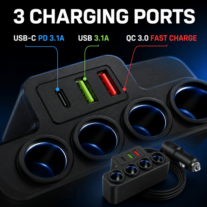 TAVICE 4-Way Car Cigarette Lighter Socket Splitter 12V/24V Power Adapter with USB Charging Ports - Battery Mate