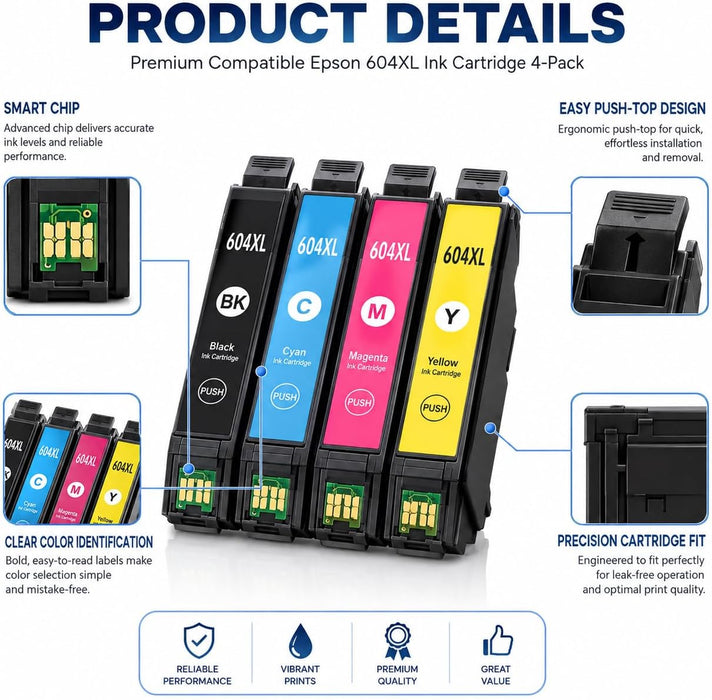 TAVICE 4PK 604XL Ink Cartridges Compatible with Epson XP-2200 XP-3200 XP-4200 WF-2910 WF-2930 - Battery Mate