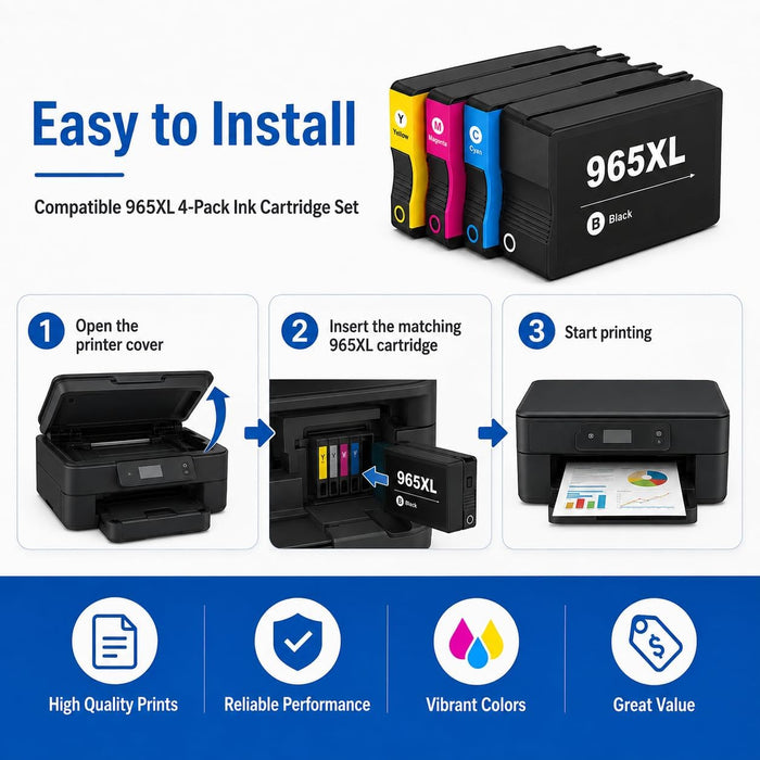 TAVICE 4X 965XL Ink Cartridges Compatible with HP OfficeJet Pro 9010e 9012e 9016 9020e 9026 9028 - Battery Mate