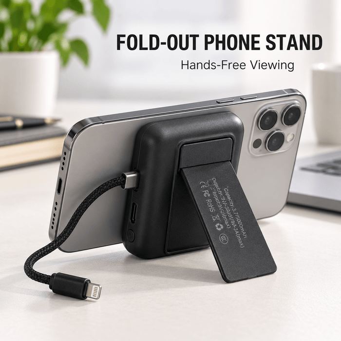 TAVICE 5000mAh Mini Power Bank with Built-in USB-C Connector & Lightning Cable, Portable Fast Charger with Fold-Out Phone Stand, USB-C Input and Cable Lanyard – Black - Battery Mate