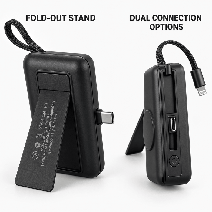TAVICE 5000mAh Mini Power Bank with Built-in USB-C Connector & Lightning Cable, Portable Fast Charger with Fold-Out Phone Stand, USB-C Input and Cable Lanyard – Black - Battery Mate