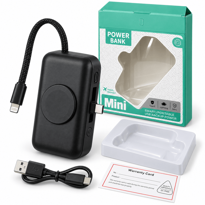 TAVICE 5000mAh Mini Power Bank with Built-in USB-C Connector & Lightning Cable, Portable Fast Charger with Fold-Out Phone Stand, USB-C Input and Cable Lanyard – Black - Battery Mate