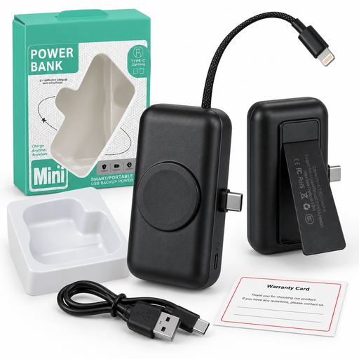 TAVICE 5000mAh Mini Power Bank with Built-in USB-C Connector & Lightning Cable, Portable Fast Charger with Fold-Out Phone Stand, USB-C Input and Cable Lanyard – Black - Battery Mate