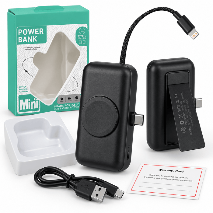 TAVICE 5000mAh Mini Power Bank with Built-in USB-C Connector & Lightning Cable, Portable Fast Charger with Fold-Out Phone Stand, USB-C Input and Cable Lanyard – Black - Battery Mate