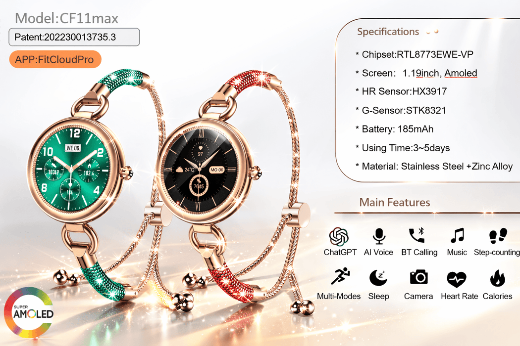 Tavice Misso Smartwatch for Women | Green Jewellery Style Strap, 1.19" AMOLED Display, Bluetooth Calling, AI Voice, Heart Rate, Sleep, Camera & Fitness Tracking - Battery Mate