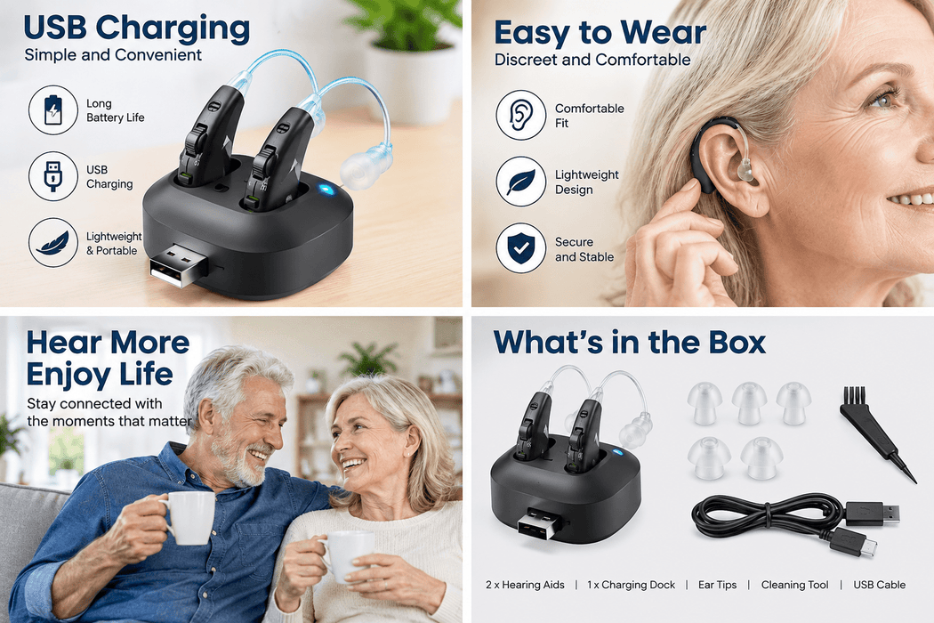 TAVICE Rechargeable Dual Behind-the-Ear Sound Amplifier with Noise Reduction and Long Battery Life | USB Charging | Discreet Design - Battery Mate