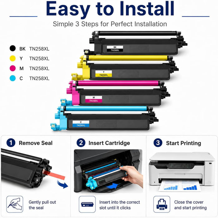 TAVICE TN258/TN258XL 4-Pack Toner Cartridge Compatible with Brother MFC-L8390CDW/L3760CDW - Battery Mate