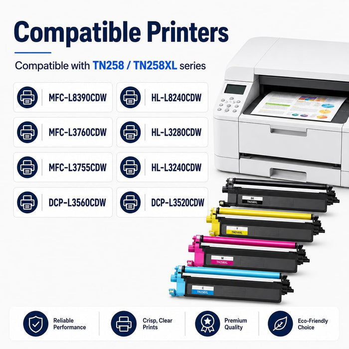TAVICE TN258/TN258XL 4-Pack Toner Cartridge Compatible with Brother MFC-L8390CDW/L3760CDW - Battery Mate
