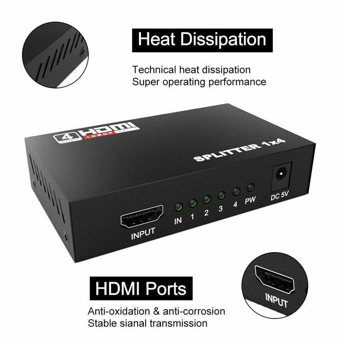 1 IN 4 OUT 4K 3D 1080P Full HD HDMI Splitter Amplifier Duplicator 1X4 Hub DVD - Battery Mate