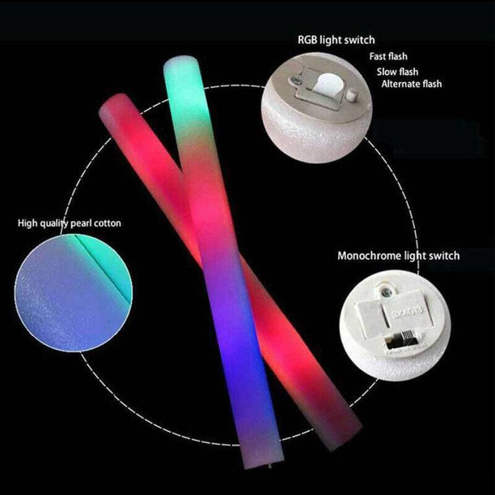 10 Pack | LED Foam Sticks RGB Thunder Wand Glow Sticks Flashing Light Rave Party - Battery Mate