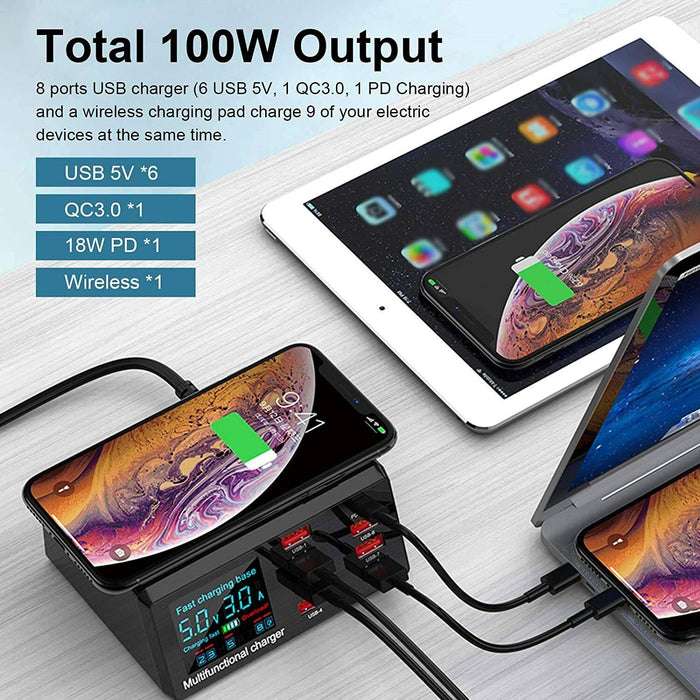 100W 8 Ports Multi USB Charger Quick Charge Fast Wireless Charging Station HUB - Battery Mate