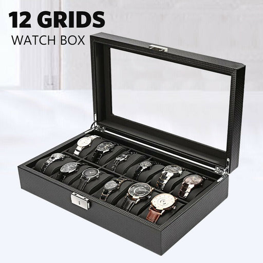 12 Grids Carbon Fiber High-Grade Box Watch Storage Case Display OrganizerGift - Battery Mate