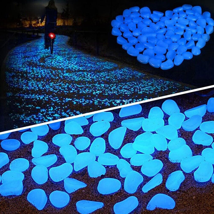 2 Pack Blue Pebbles Stone Glow in the Dark Rock Fish Tank Stones Garden Road Dec - Battery Mate