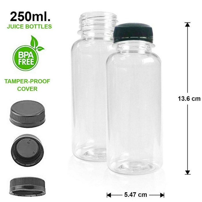 200 Pack | 250ml Clear Bottles Round PET With Black Lids Tamper Evident - Battery Mate