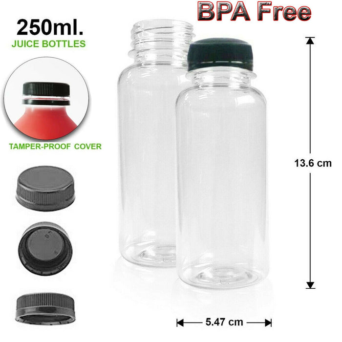 200 Pack | 250ml Clear Bottles Round PET With Black Lids Tamper Evident - Battery Mate