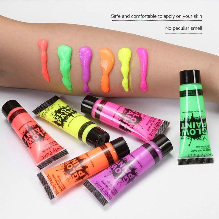 24 Tubes 25ml Art Body Paint Glow inLight Face & Body Paint with 6 Colors Glow Blacklight Neon Fluorescent for Party Clubbing Festival Halloween Makeup - Battery Mate