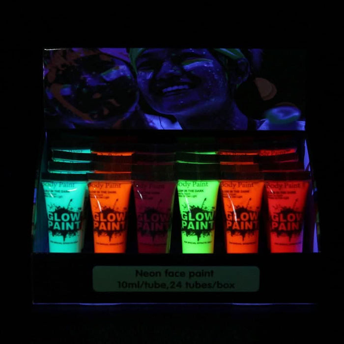 24 Tubes 25ml Art Body Paint Glow inLight Face & Body Paint with 6 Colors Glow Blacklight Neon Fluorescent for Party Clubbing Festival Halloween Makeup - Battery Mate