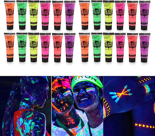 24 Tubes 25ml Art Body Paint Glow inLight Face & Body Paint with 6 Colors Glow Blacklight Neon Fluorescent for Party Clubbing Festival Halloween Makeup - Battery Mate