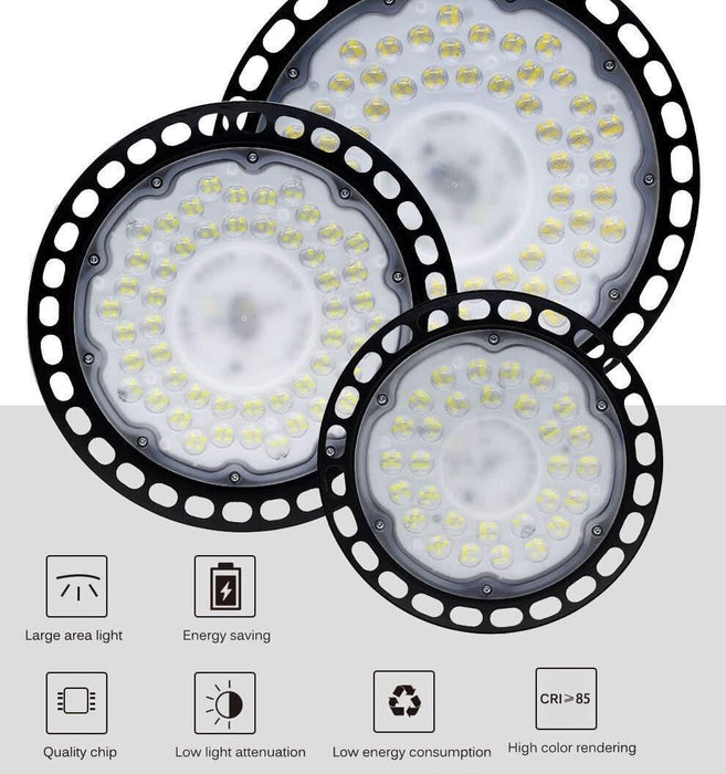 thumbnail interactive-video image 1 of 300W UFO LED High Bay Light – 6000K Cool White – IP65 Waterproof – For Warehouse/Factory 1 of 2