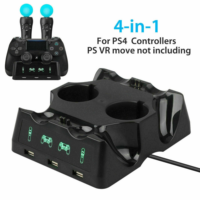 4 in 1 Charger Charging Dock For Sony PS4 Playstation 4 VR PSVR Move Controllers - Battery Mate