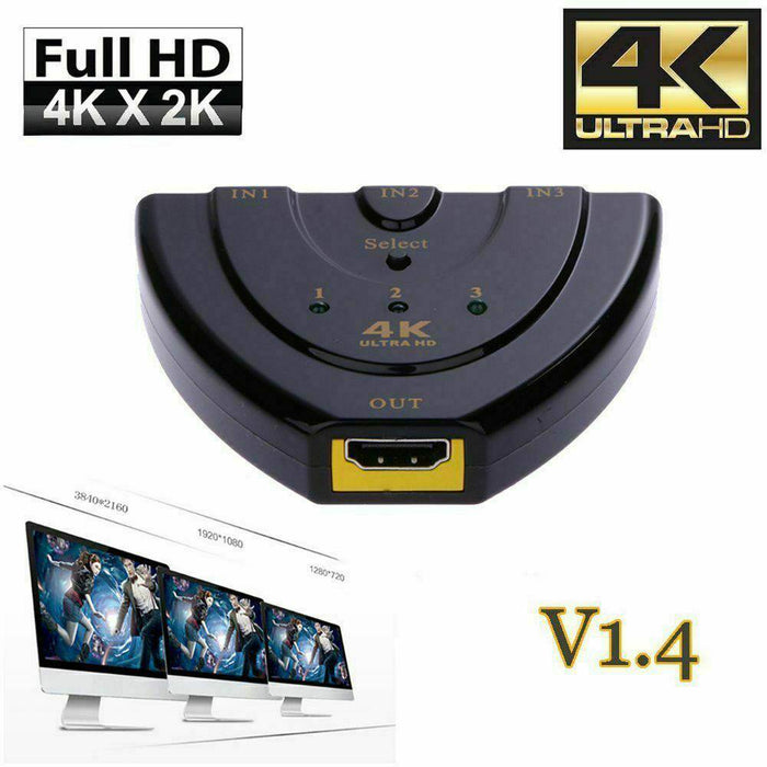 4K Ultra HD 3 Way HDMI Switch Box Splitter HDTV 1080P Auto 3 Port IN 1 OUT Cable - Battery Mate