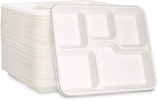 500 Pack |100% Compostable 5 Compartment Plates Eco-Friendly Disposable Sugarcane 10 inch Paper Trays - Battery Mate