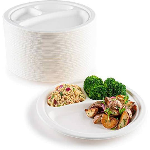 500 Pack | 3 Compartment Compostable 10 inch Heavy-Duty Plate Eco-Friendly Disposable - Battery Mate
