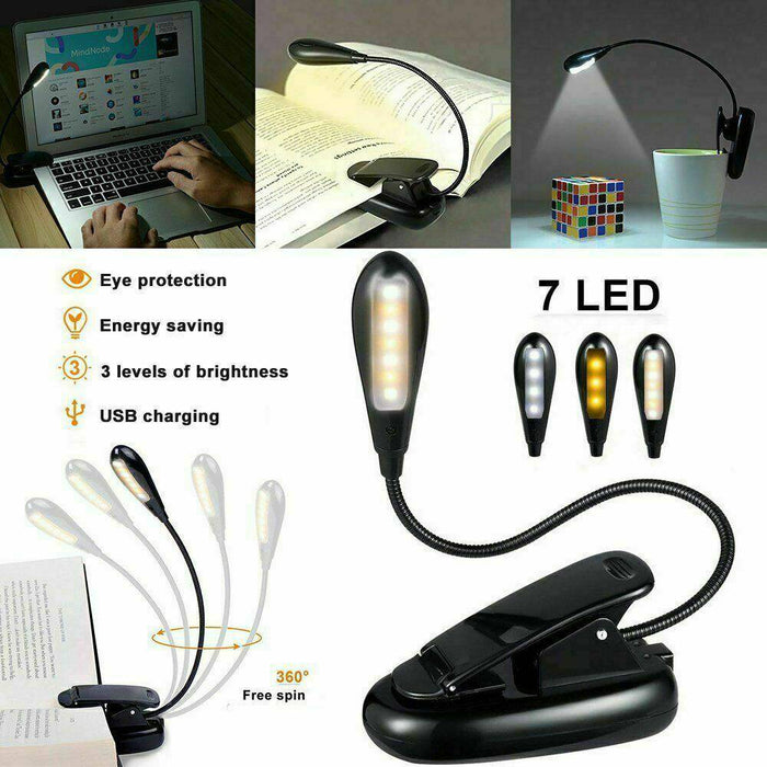 7 LED Reading Light USB Rechargeable Clip On Bed Book Reading Lamp Stand Light - Battery Mate