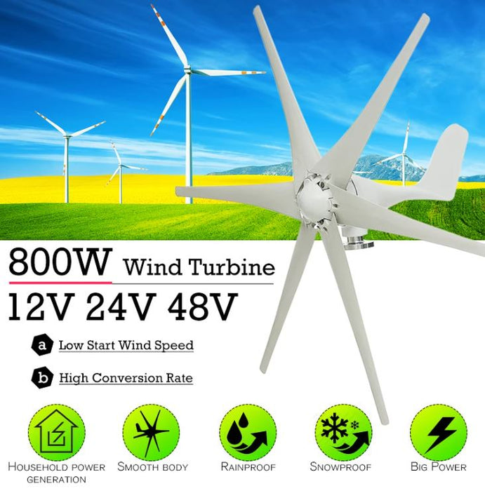 800W Peak 6 Blades 12V/24V/48V Horizontal Wind Turbine Generator Residential Home Wind Power Generator - 48V - Battery Mate