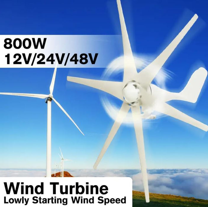800W Peak 6 Blades 12V/24V/48V Horizontal Wind Turbine Generator Residential Home Wind Power Generator - 48V - Battery Mate