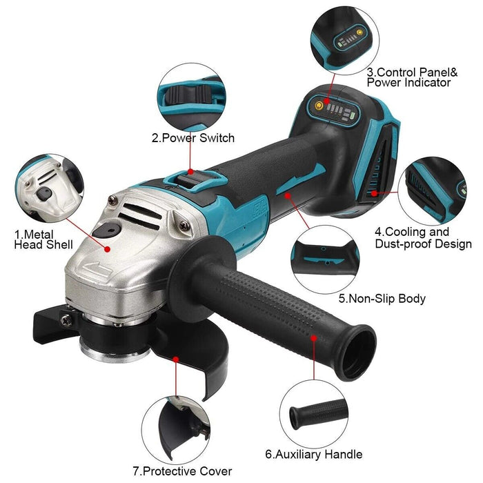 Brushless Cordless Angle Grinder With 2x Li-ion Battery & Charger 125mm Combo Kit - Battery Mate