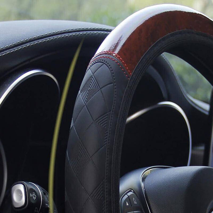 Car Steering Wheel Cover Mahogany Wood Pattern PU Leather Steering wheel CoverAU - Battery Mate