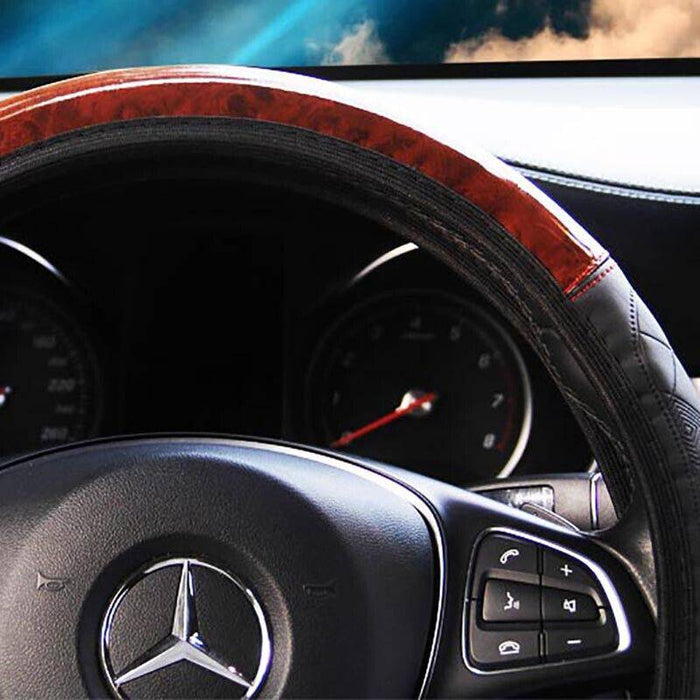 Car Steering Wheel Cover Mahogany Wood Pattern PU Leather Steering wheel CoverAU - Battery Mate