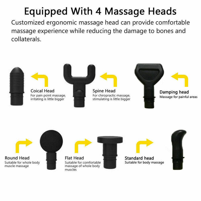 Cordless Strong Massage Gun LCD Deep Tissue Percussion Massager Muscle + 6 Heads - Battery Mate