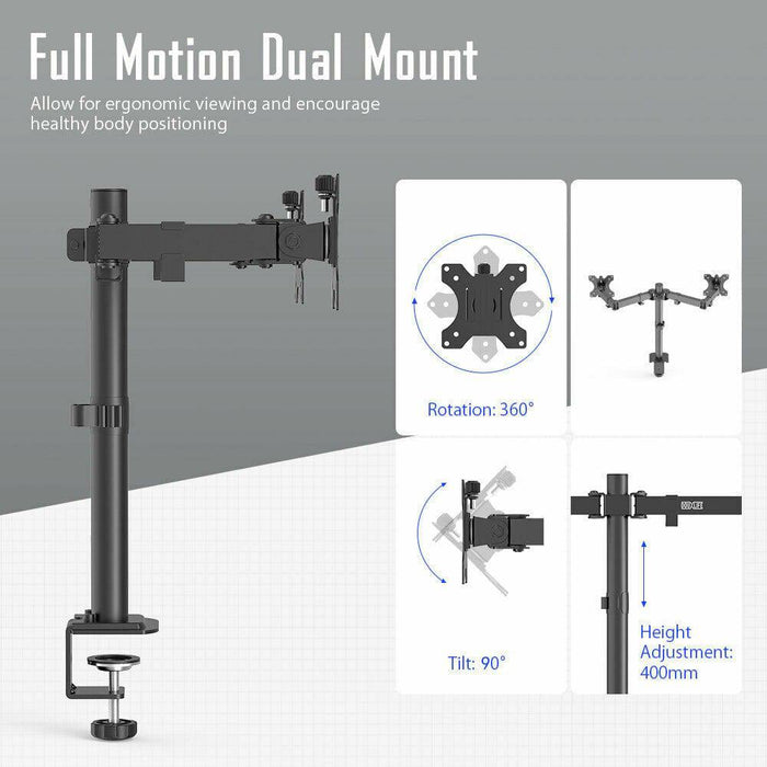 Dual LCD / LED Monitor Desk Mount Stand Heavy Duty Fully Adjustable fits 2 Screens up to 27" - Battery Mate