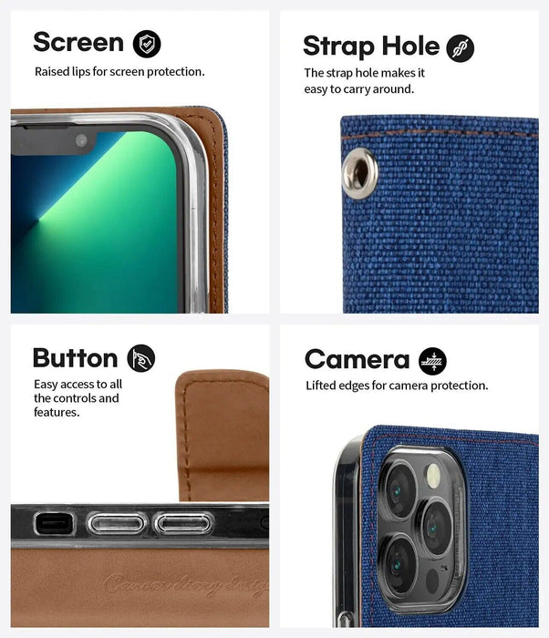 For iPhone 12 Wallet Flip Denim Case Cover - Battery Mate
