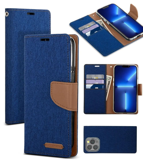 For iPhone 14 Pro Max Wallet Flip Denim Case Cover - Battery Mate