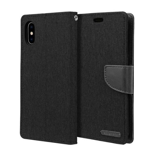 For iPhone X Wallet Flip Denim Case Cover | Black - Battery Mate