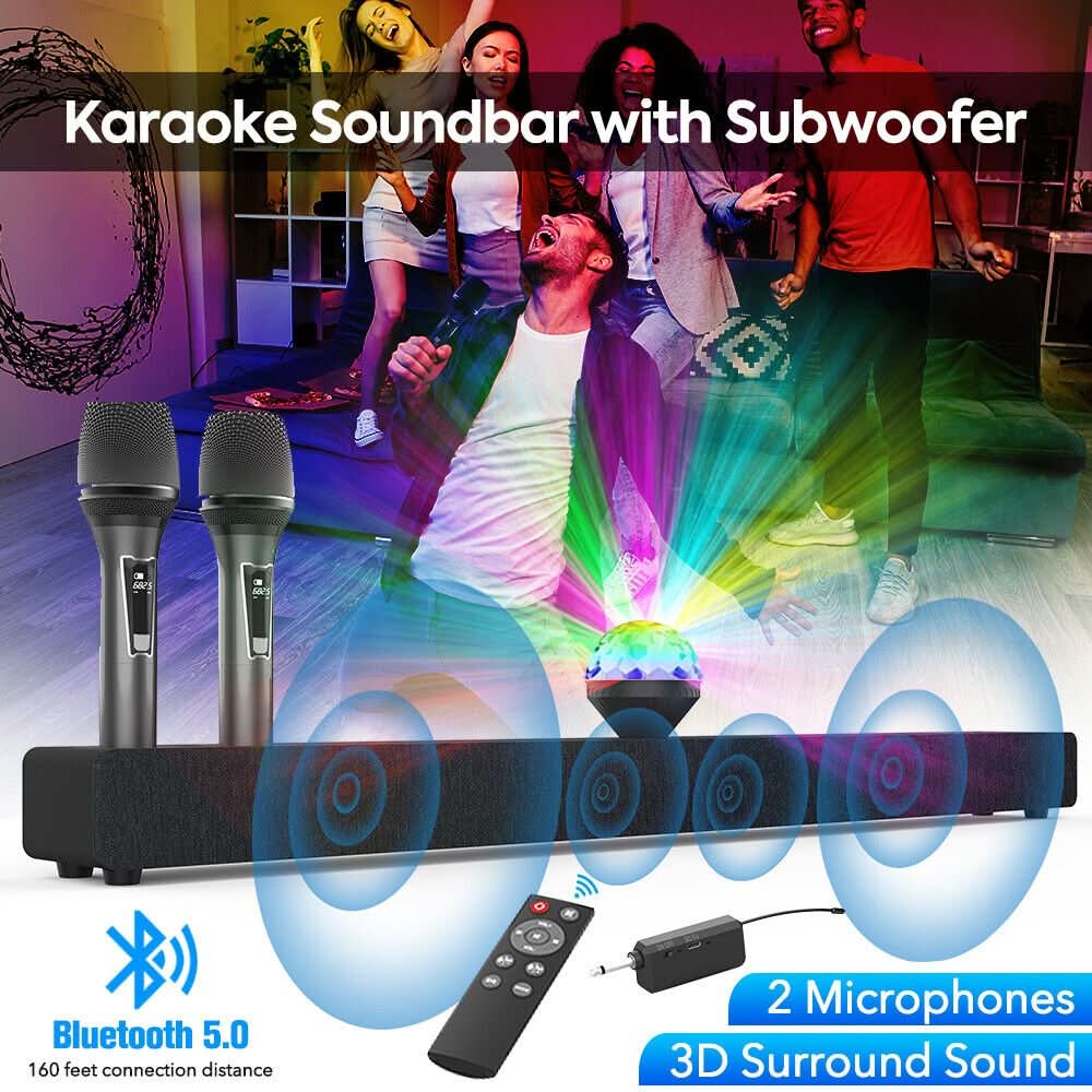 Karaoke Soundbar Bluetooth Speaker Subwoofer Surround w/ 2 Wireless Mi