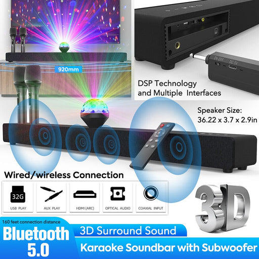 Karaoke Soundbar Bluetooth Speaker Subwoofer Surround w/ 2 Wireless Microphones - Battery Mate
