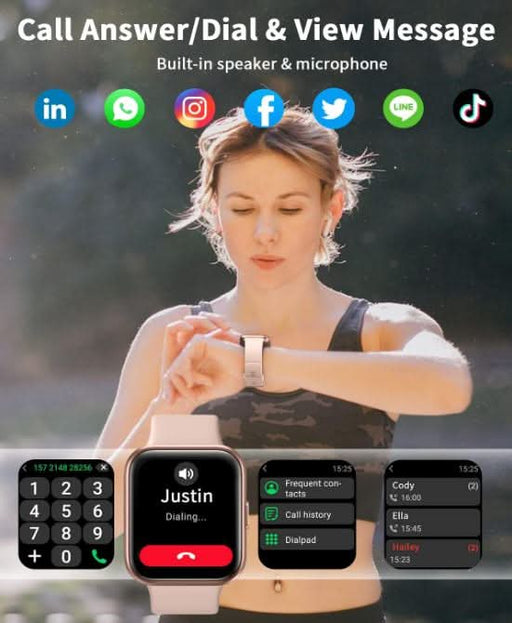Pink Smart Watch for Women Men Bluetooth Call Voice/Dial, 1.7'' DIY Full Touch Screen Fitness Tracker with Heart Rate Sleep Monitor Pedometer Message Reminder 5ATM Waterproof Smartwatch for Android iOS - Battery Mate