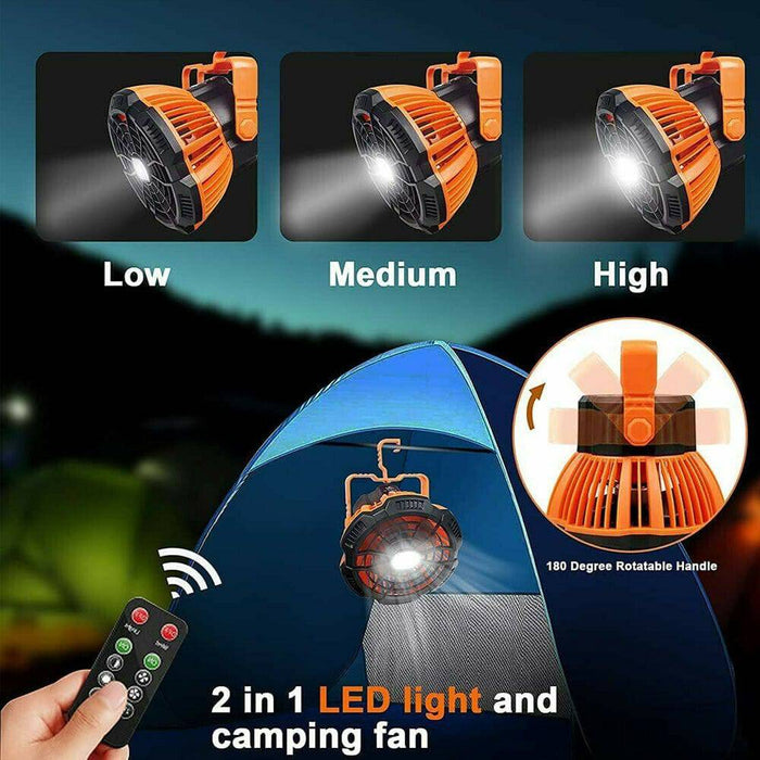 Portable Camping Fan LED Light Rechargeable Outdoor Tent Lantern w/ Hook Remote - Battery Mate