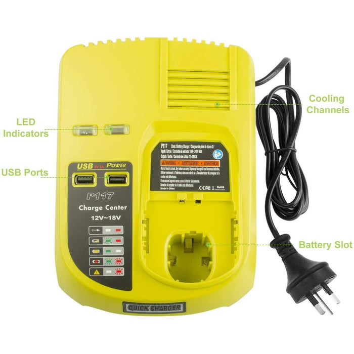 Ryobi One Plus Battery Charger P117 Replacement | 18V-12V Dual Chemistry IntelliPort - Battery Mate