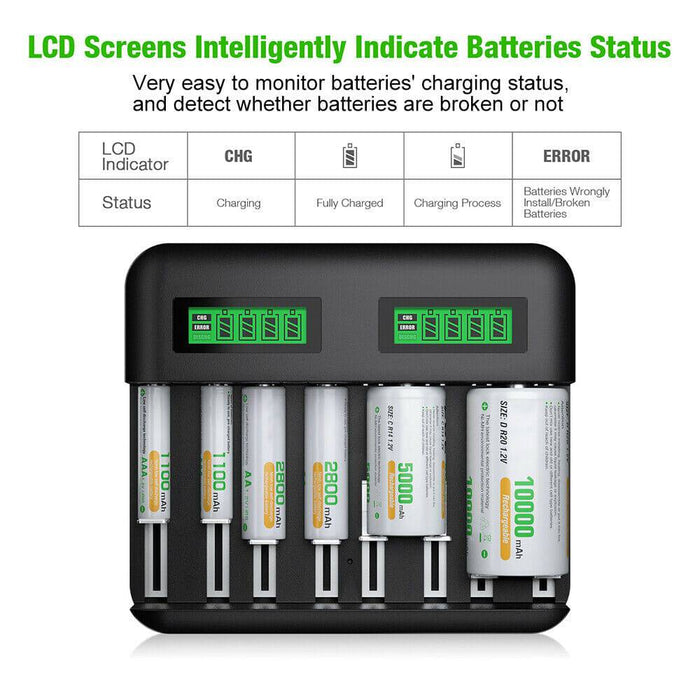 Smart Battery Charger 8 Slots LCD Display For AA/AAA/C/D Rechargeable Batteries - Battery Mate